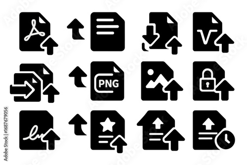 Document Icon Upgrades. Solid style icons of document and file upgrades: PDF tool upgrade, text editor enhancement, export option