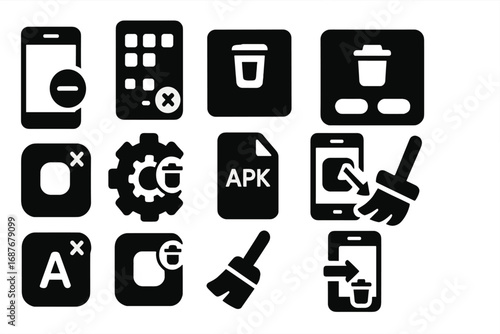 Mobile App Uninstallation Icons. Solid style icons of mobile app uninstallation: smartphone with remove icon, uninstall from app