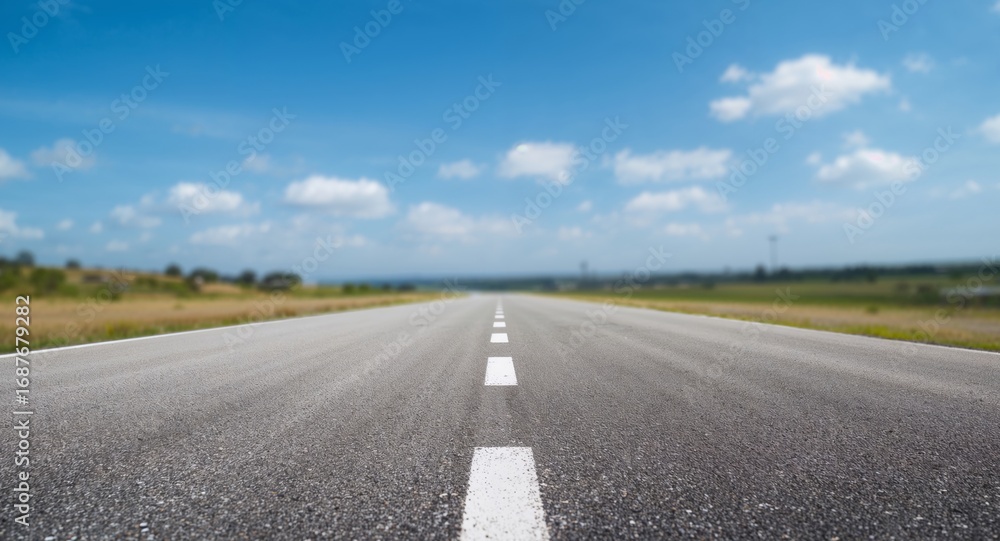 Naklejka premium Asphalt Vista. A Linear Perspective of Roadway and Sky, Framed by Abstract Fields.