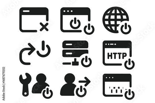 Web Shutdown Icons. Solid style icons of browser and web shutdown: browser tab close icon, browser power off, shutdown web session