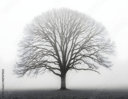 Black and White Solitary Tree in a Foggy Field - Minimalist Nature Art