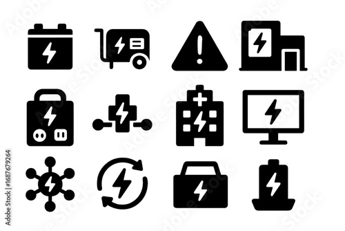 Emergency Power Icons. Solid style icons of emergency power systems: UPS battery icon, generator backup symbol, red alert