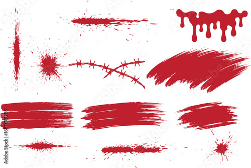 Blood spatter realistic vector background set for Horror and Crime. red blood paint splashes Brush, blood, cut marks, splashes, drops, blots, spray. Isolated on a white backgroud. EPS 10
