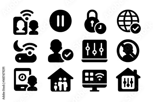 Wi-Fi Parental Controls Icons. Solid style icons of Wi-Fi parental controls: child device with Wi-Fi limit, pause internet icon,