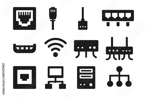 Wired Network Icons. Solid style icons of wired network: Ethernet jack icon, RJ45 connector, network cable symbol, patch panel