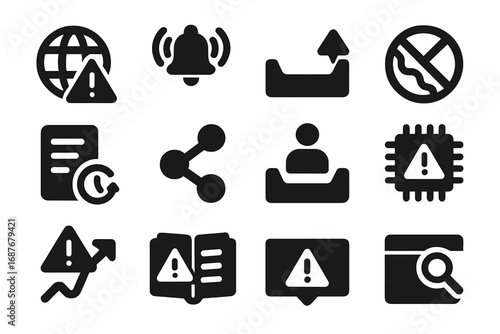 Network Alert Icons. Solid style icons of network alerts and logs: network error symbol, alert bell with signal, notification tray