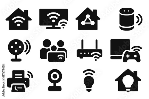 Home Network Icons. Solid style icons of home networks: house with signal icon, smart TV connection, home mesh network,