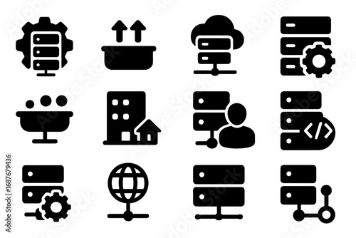 Application Server Icons. Solid style icons of application servers: gear with server icon, backend process tray, app logic host,
