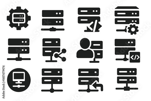 Application Server Icons. Solid style icons of application servers: gear with server icon, backend process tray, app logic host,