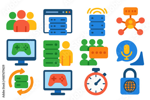 Gaming Server Icons. Flat vector icons of Gaming Servers: multiplayer icon, server browser, ping indicator, matchmaker server,