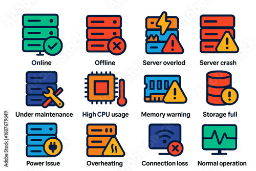 Server Status Icons. Flat vector icons of Server Status Indicators: online server, offline server, server overload, server crash,