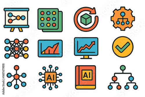 AI Programming Icons. Flat vector icons of Programming for AI: model training, dataset icon, algorithm gear, training loop, neural
