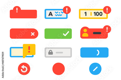 HTML Form Icons. Flat vector icons of HTML Forms with Validation: required input, pattern attribute, min/max value, input error,