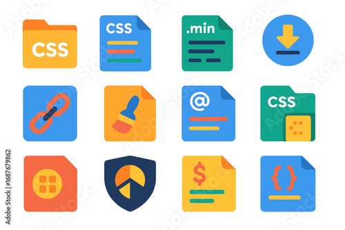 CSS File Icons. Flat vector icons of CSS File Management: styles folder, main.css file, minified CSS, compressed icon, stylesheet