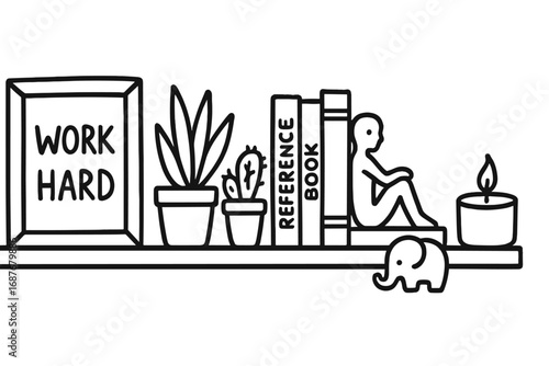 Office Shelf Decor. Office shelf decor: hand drawn doodles of framed quote, potted plants, reference books, candle, figurine, and