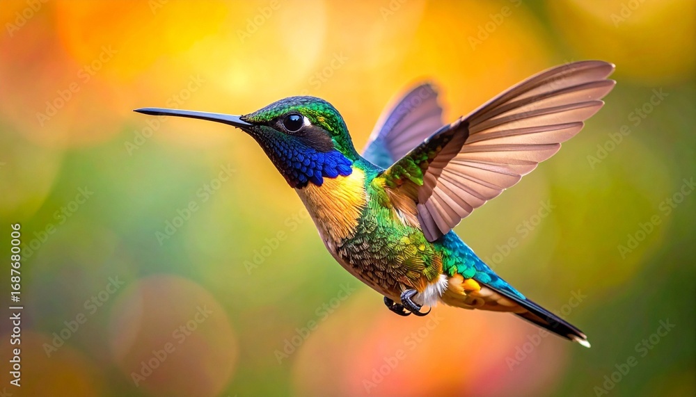 Fototapeta premium A vivid hummingbird with iridescent feathers hovers mid-air against a warm, blurred backdrop—capturing motion, elegance, and natural brilliance.