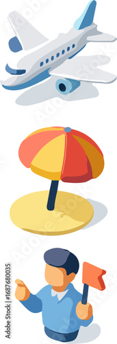 A set of isometric travel icons featuring an airplane, a beach umbrella, and a tour guide.