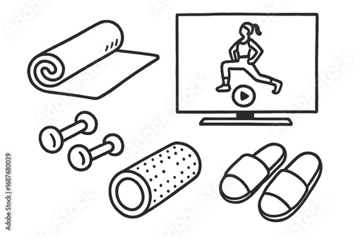 Home Exercise Essentials. Home workout: hand drawn doodles of yoga mat, smart TV with exercise video, small weights, foam roller,
