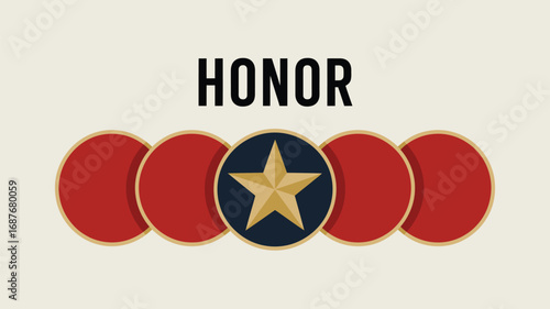 Illustration of honor text above five circles with a star in the middle circle design