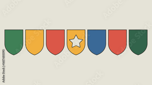 Seven shields displayed in a row with green yellow red star blue and red and green colors shown