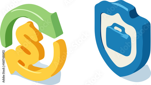 Isometric icons depicting financial circulation with a dollar sign in a loop and a shield protecting a briefcase, symbolizing economic security and business protection.