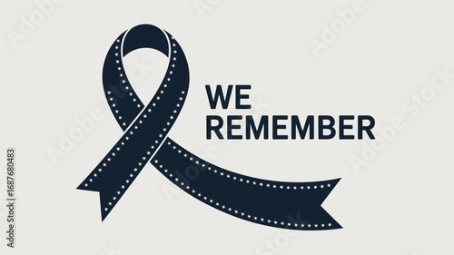 A navy ribbon with white stars and the words we remember on a white background in a vector image
