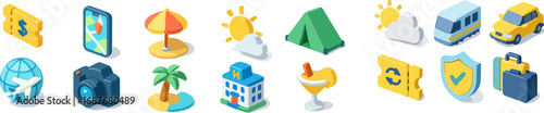 Isometric travel icons depicting various aspects of vacation and tourism.
