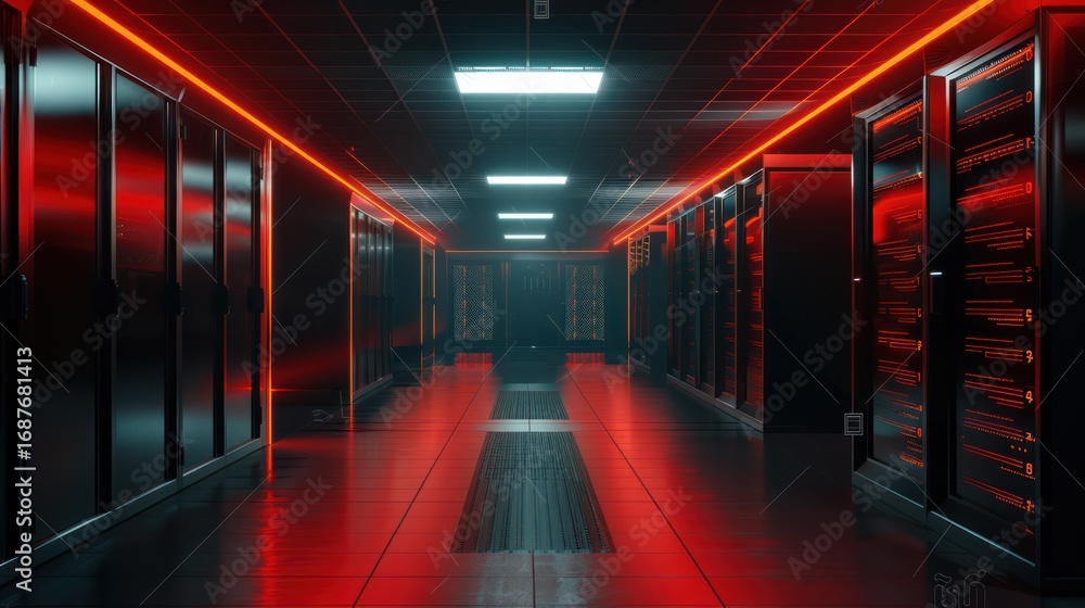 Fototapeta premium Futuristic Data Center Server Room with Red Neon Lighting and Modern Technology