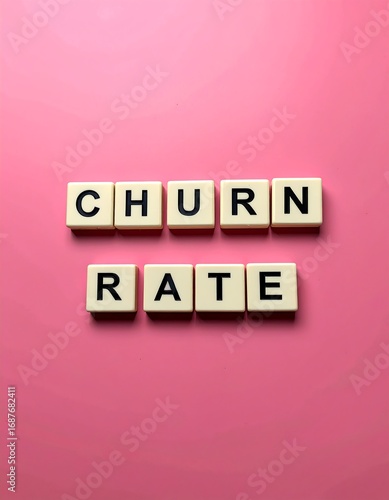 Text tiles spelling CHURN RATE on pink background
