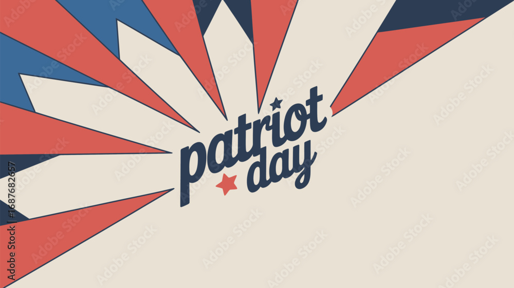 Fototapeta premium Patriotic themed design with red white and blue rays and the words patriot day in dark blue text