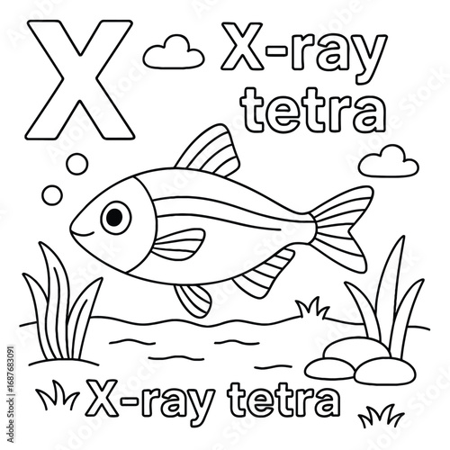 Coloring page featuring the letter x with an x-ray tetra fish in a simple aquatic scene drawing