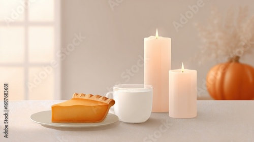 Warm autumn scene featuring pumpkin pie, cozy candles, and milk,