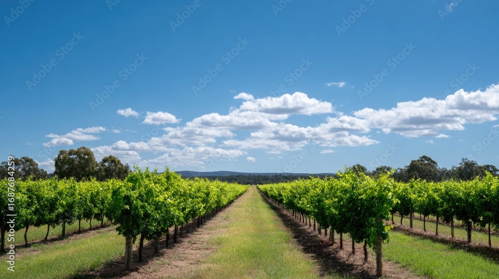 Naklejka premium Lush vineyard rows stretch under bright blue sky with fluffy clo