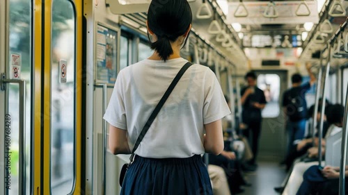 白いTシャツの女性が電車に乗っている後ろ姿