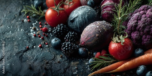 Fototapeta Naklejka Na Ścianę i Meble -  Fresh purple vegetables and fruits with rosemary and spices on dark background