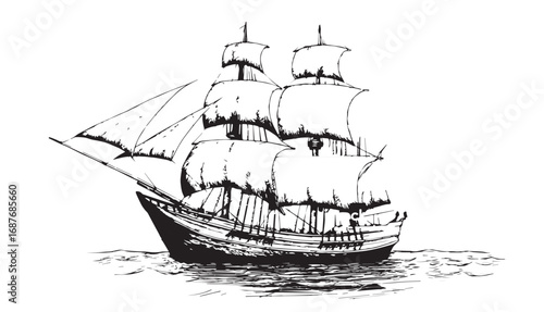 Vintage Sailing Ship on Waves – Hand Drawn Nautical Engraving Vector Illustration