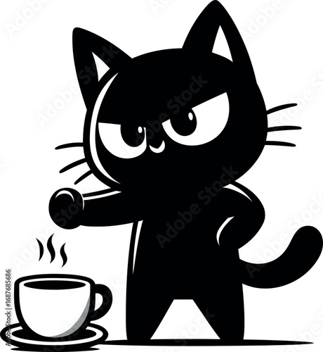 A cat proudly knocking over a coffee cup while making direct eye contact