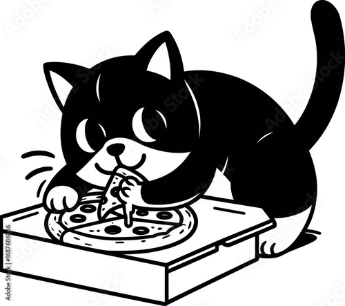 Cat devouring pizza from the box Black and white cartoon style illustration