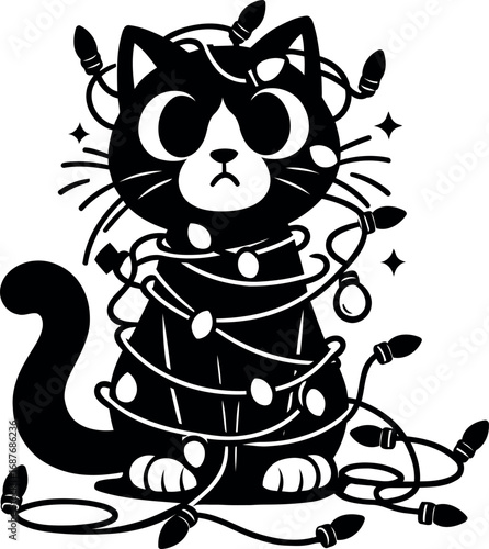 Cat tangled in Christmas lights