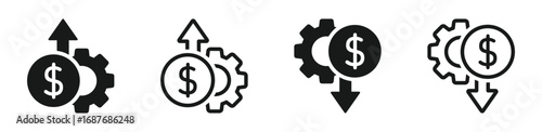 Production cost rise and fall vector signs set. Manufacturing cost increase and decrease icon