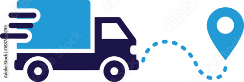 Delivery truck icon with location pin and motion lines, shipping logistics vector illustration, fast transport service concept