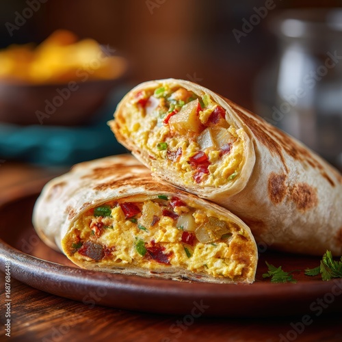 large flour tortilla filled with scrambled eggs, cheese, potatoes, beans, and salsa