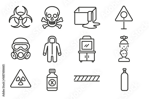 Chemical Hazard Icons. Line style icons of chemical and biological hazards: biohazard sign, toxic gas icon, spill cleanup kit,