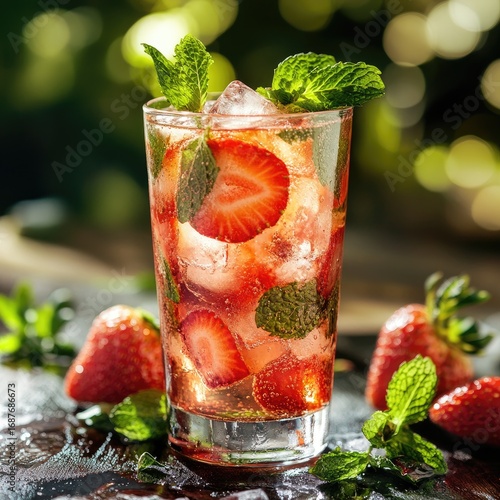A refreshing strawberry mojito cocktail with fresh mint and ice in a glass, isolated on a black background