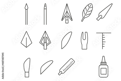Arrow Components Icons. Line style icons of arrows and components: carbon arrow, aluminum arrow, wooden arrow, arrowhead,