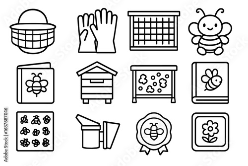 Children's Beekeeping Tools. Line style icons of children’s beekeeping tools: mini veil, kid gloves, child-size frame, bee plush