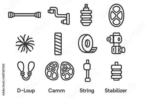 Archery Icon Set. Line style icons of bow accessories and mods: stabilizer rod, side stabilizer, vibration dampener, limb saver,