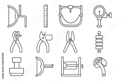Archery Tools Icons. Line style icons of bow tuning and setup tools: tiller gauge, brace height ruler, bow press, sight alignment