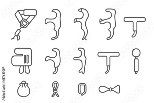 Bow Release Aids Icons. Line style icons of bow release aids: wrist strap release, thumb release, back tension release, hinge