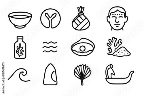 Pacific Island Healing Icons. Line style icons of Pacific island medicine: coconut oil bowl, kava root symbol, pandanus leaf wrap,